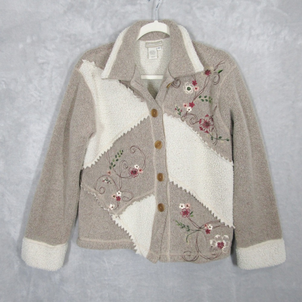 Coldwater Creek Embroidered Floral Sherpa Fleece Jacket Beige Womens Medium M